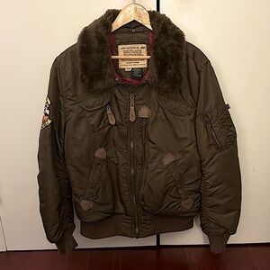 Alpha Industries Brown Bomber Jacket with Fur Collar